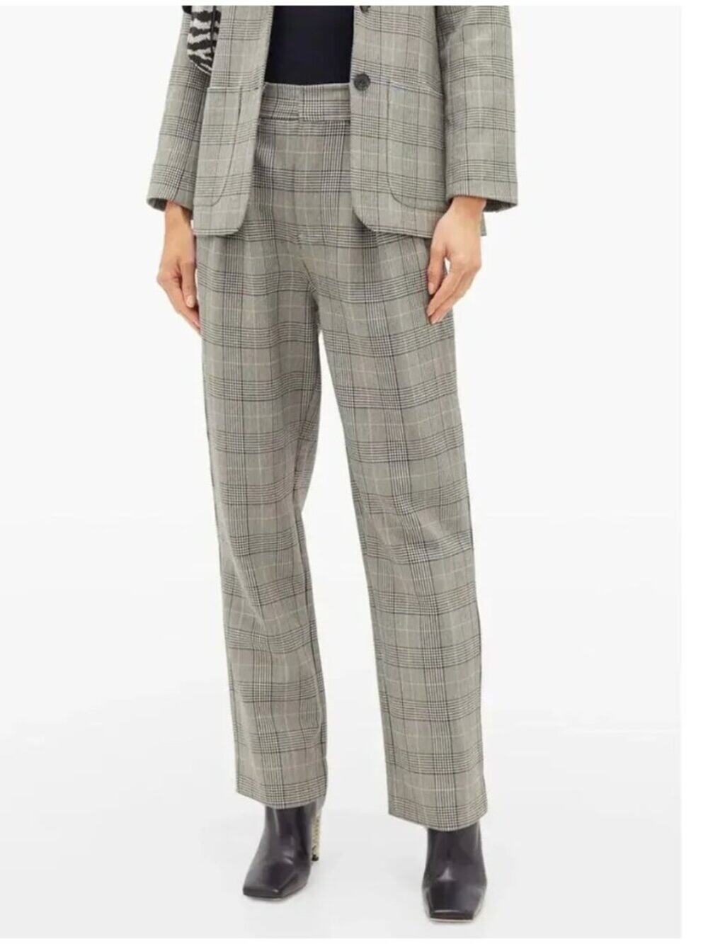 Ganni Price of Wales Plaid Check Pleated Trousers Gray Size 0